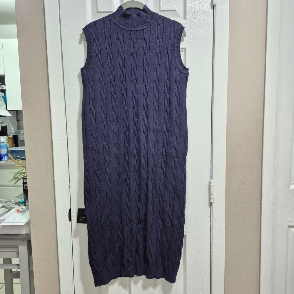 Begonia Navy Blue Cable Knit Sleeveless Mock Neck Midi Sweater Dress XS